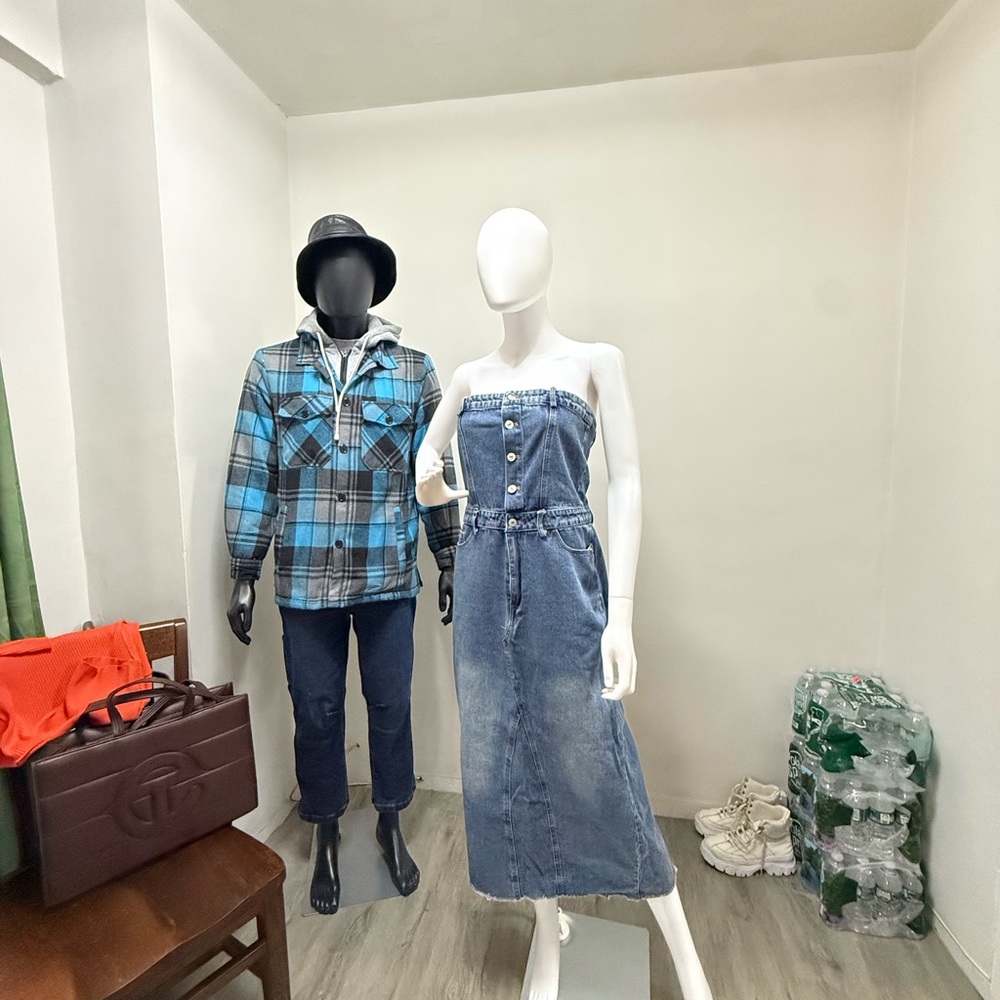 Denim Strapless Dress with Button Accents
